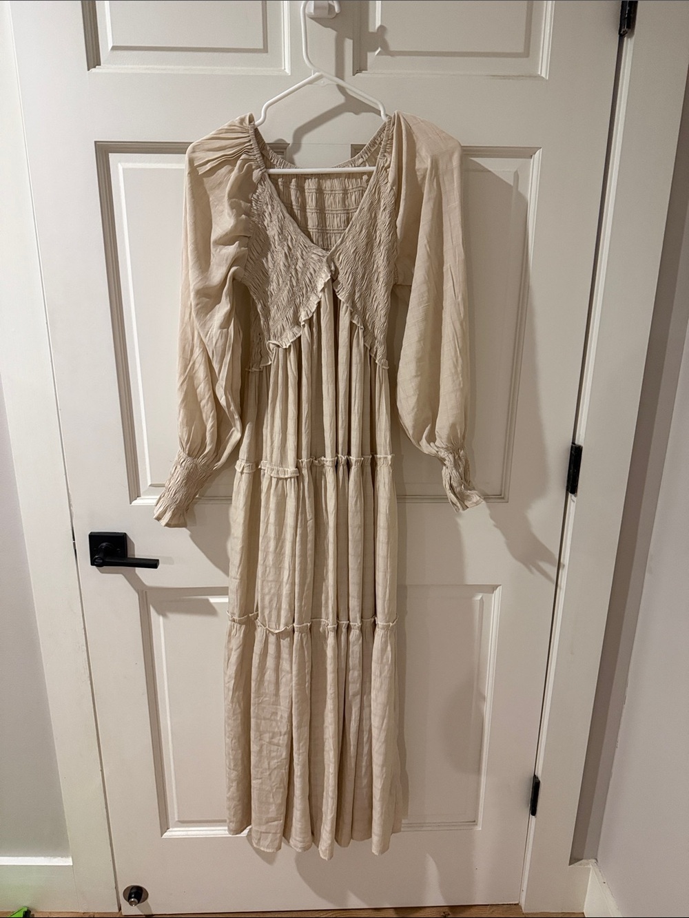Smocked Bodice Tiered Maxi Dress in Beige